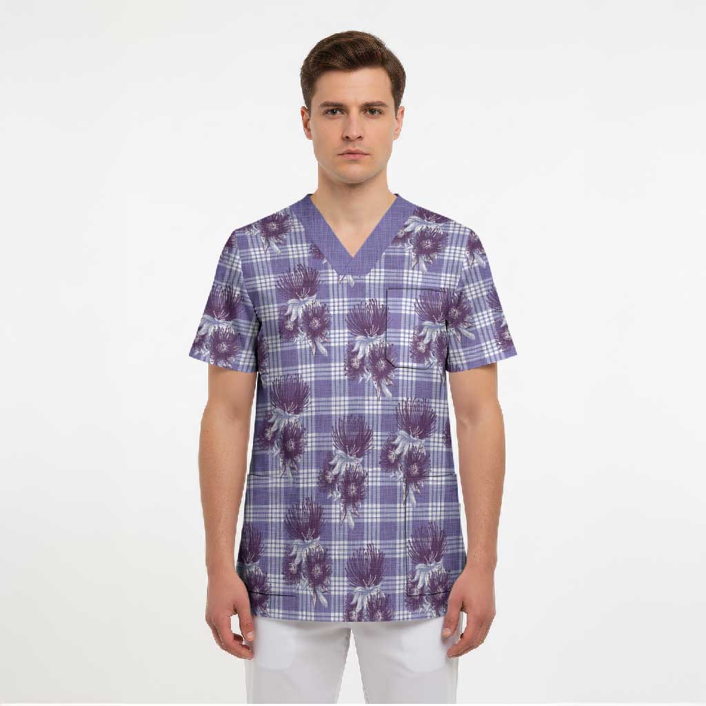 Purple Palaka Hawaii Scrub Top Hawaiian Lehua Blossoms