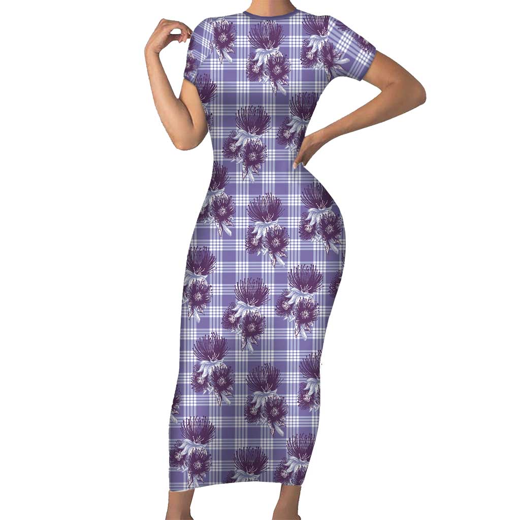 Purple Palaka Hawaii Short Sleeve Bodycon Dress Hawaiian Lehua Blossoms LT05 Long Dress Purple - Polynesian Pride