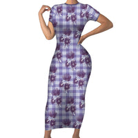 Purple Palaka Hawaii Short Sleeve Bodycon Dress Hawaiian Lehua Blossoms LT05 Long Dress Purple - Polynesian Pride