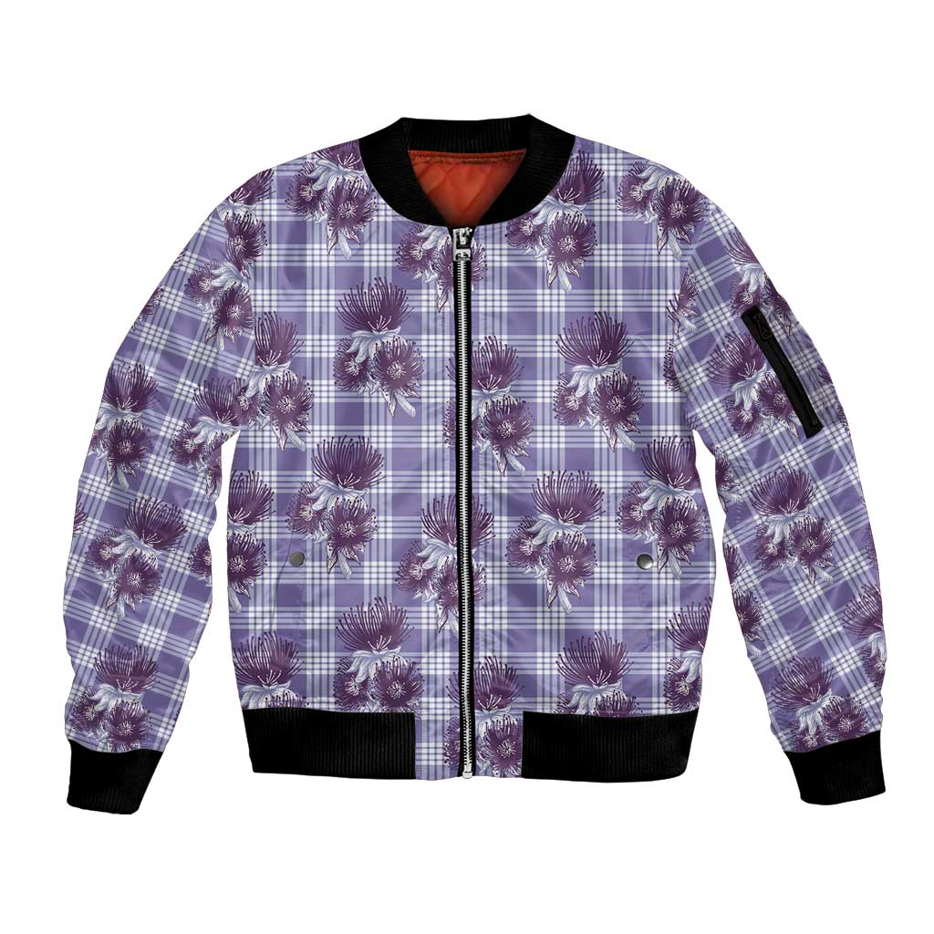 Purple Palaka Hawaii Sleeve Zip Bomber Jacket Hawaiian Lehua Blossoms LT05 Unisex Purple - Polynesian Pride