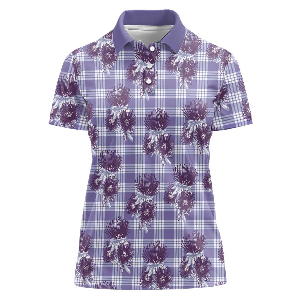 Purple Palaka Hawaii Women Polo Shirt Hawaiian Lehua Blossoms