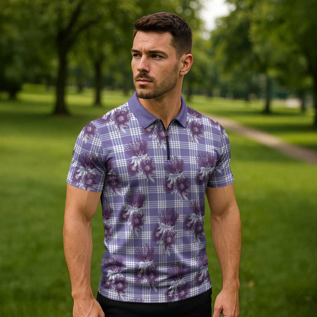 Purple Palaka Hawaii Zipper Polo Shirt Hawaiian Lehua Blossoms