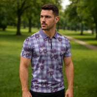 Purple Palaka Hawaii Zipper Polo Shirt Hawaiian Lehua Blossoms