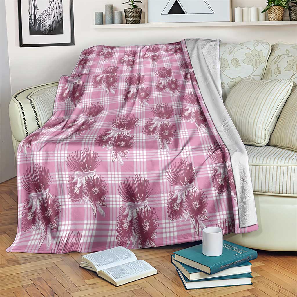 Pink Palaka Hawaii Blanket Hawaiian Lehua Blossoms