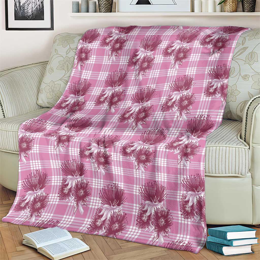 Pink Palaka Hawaii Blanket Hawaiian Lehua Blossoms
