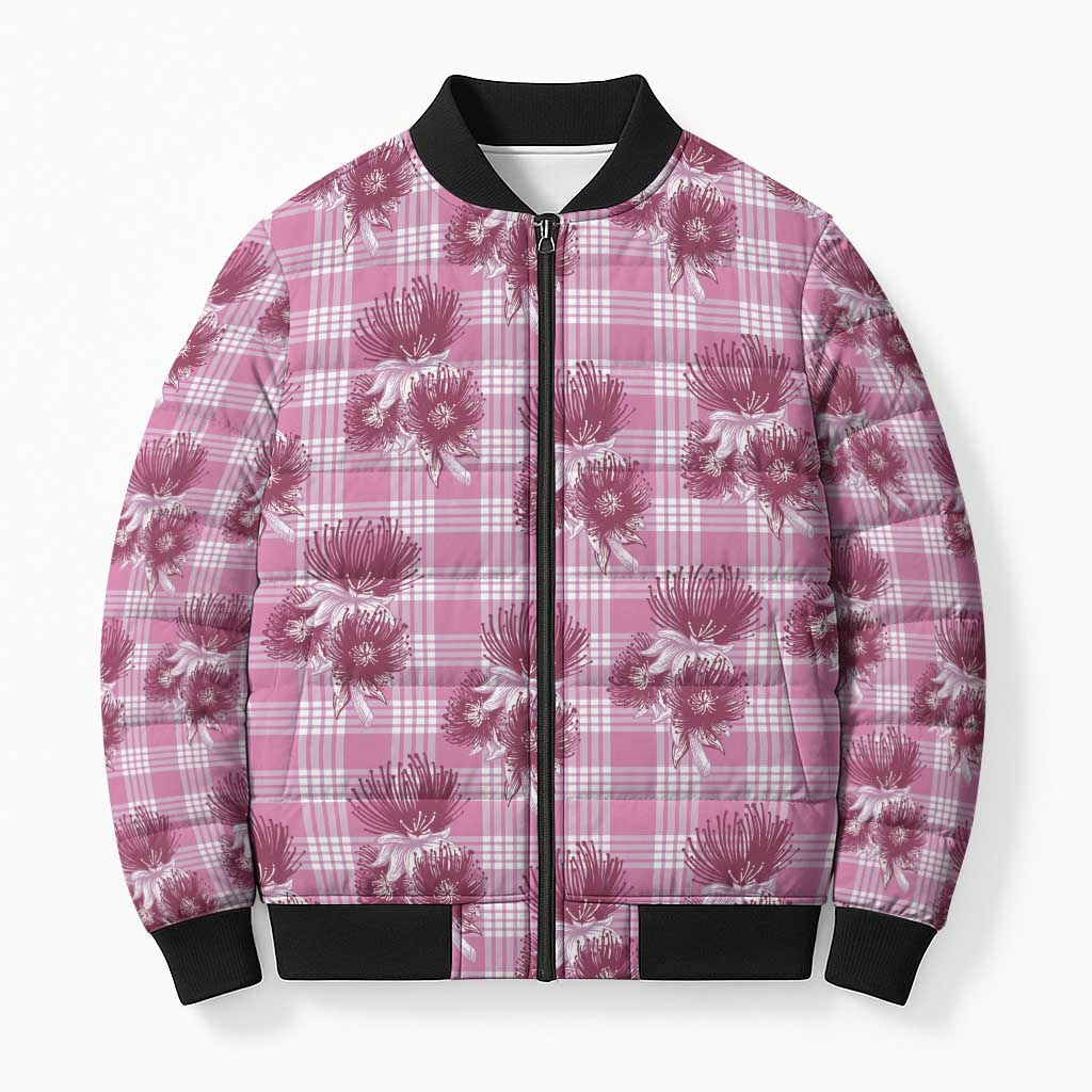 Pink Palaka Hawaii Bomber Puffer Jacket Hawaiian Lehua Blossoms