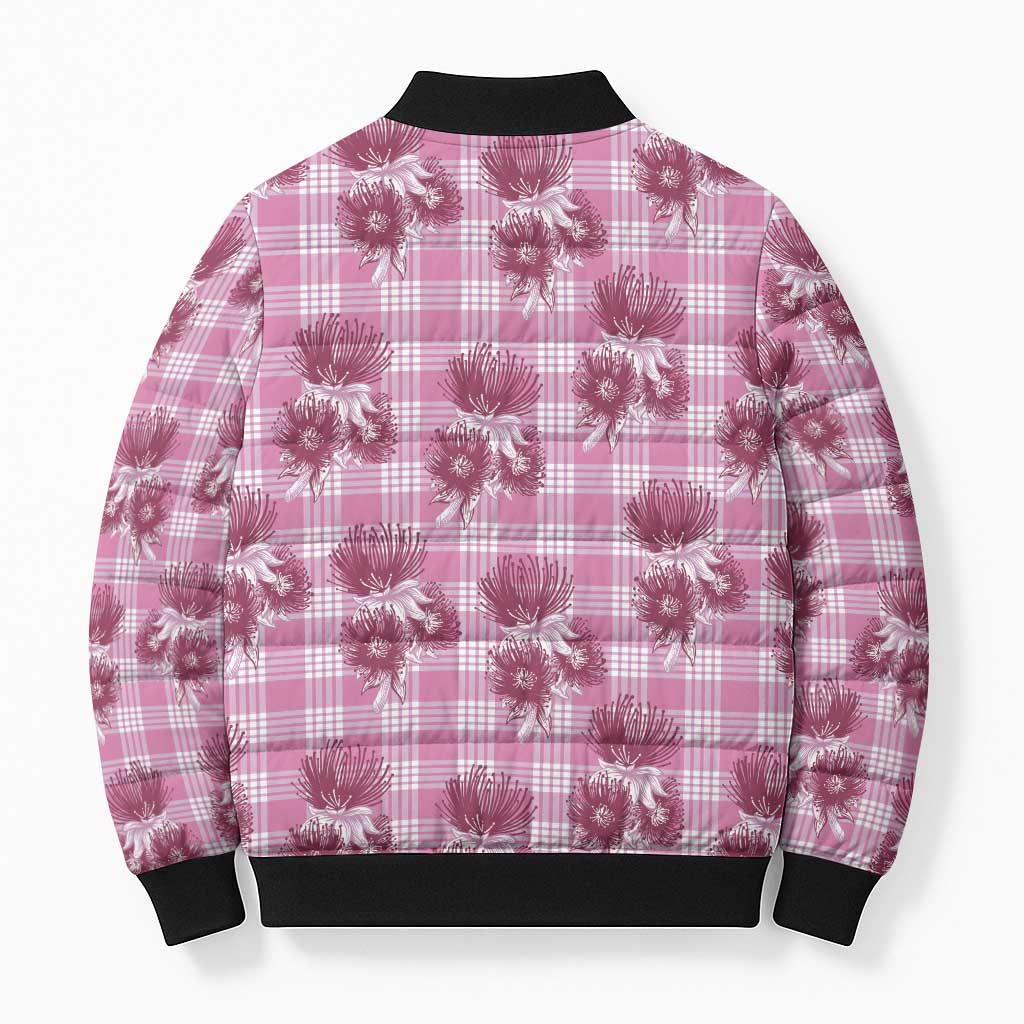Pink Palaka Hawaii Bomber Puffer Jacket Hawaiian Lehua Blossoms