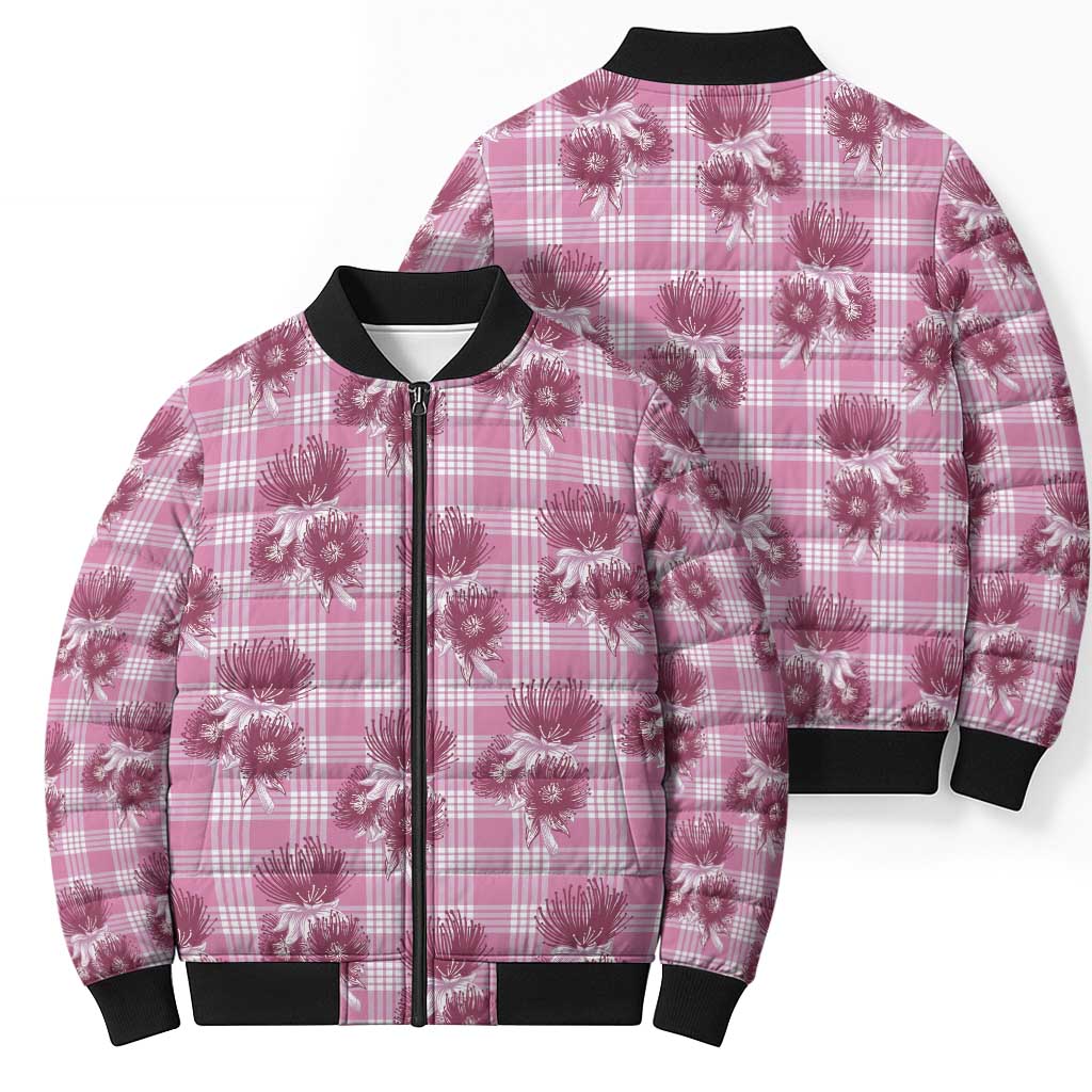 Pink Palaka Hawaii Bomber Puffer Jacket Hawaiian Lehua Blossoms