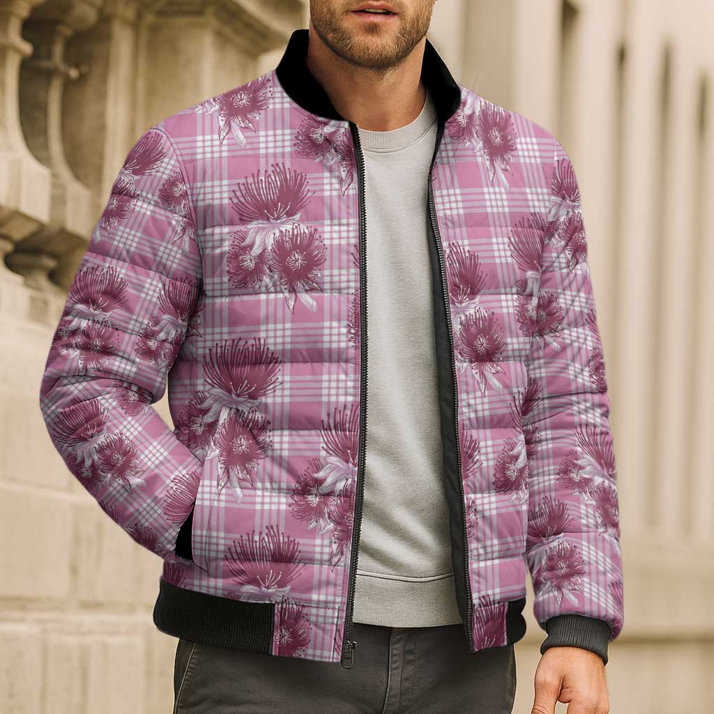 Pink Palaka Hawaii Bomber Puffer Jacket Hawaiian Lehua Blossoms