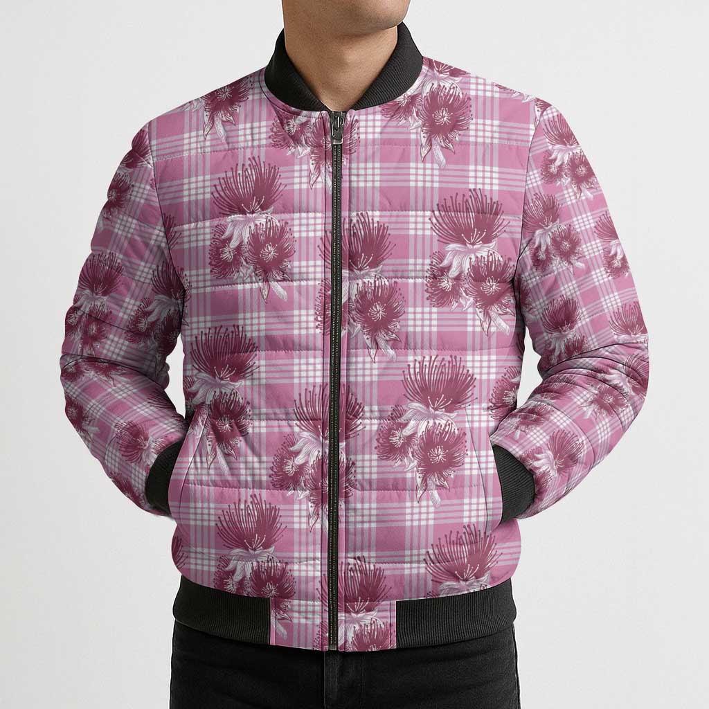 Pink Palaka Hawaii Bomber Puffer Jacket Hawaiian Lehua Blossoms