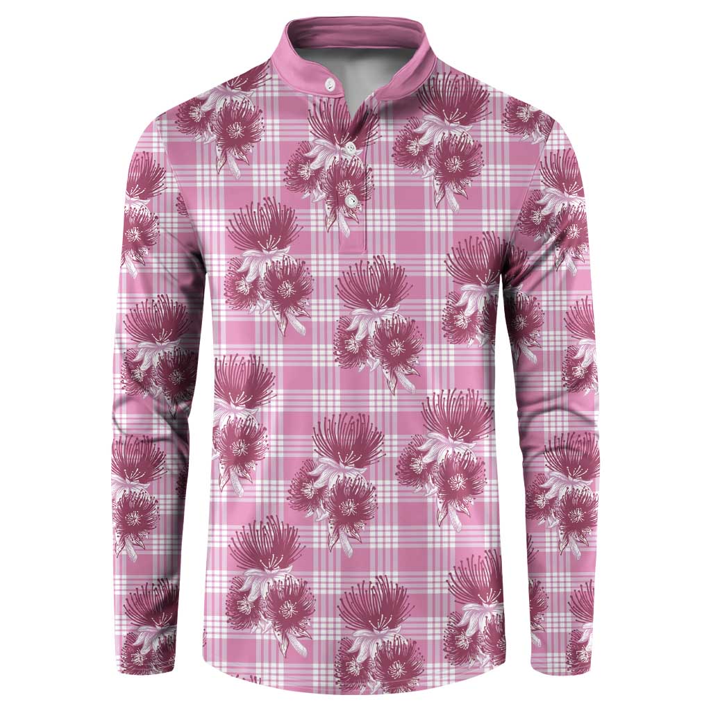 Pink Palaka Hawaii Button Sweatshirt Hawaiian Lehua Blossoms