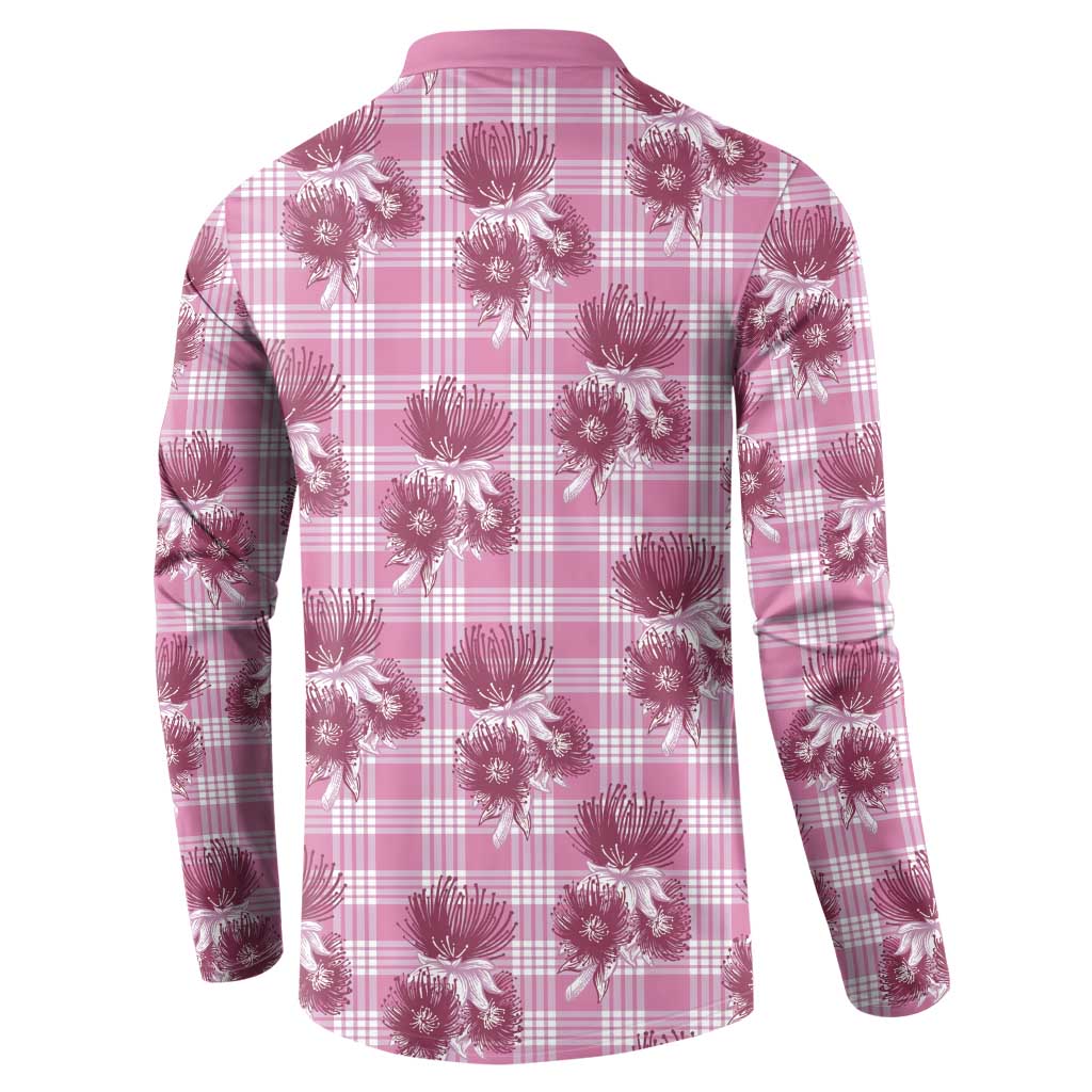 Pink Palaka Hawaii Button Sweatshirt Hawaiian Lehua Blossoms