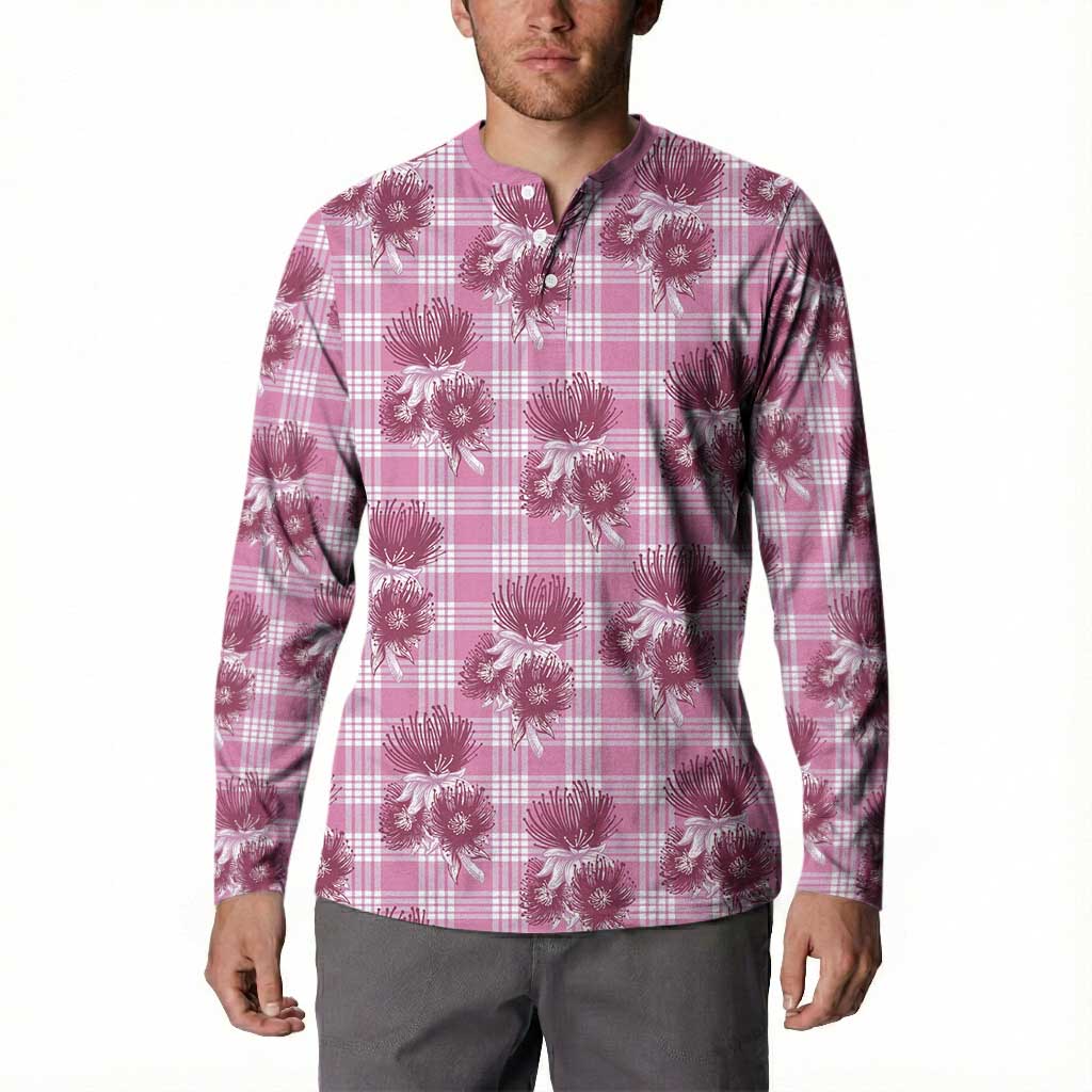 Pink Palaka Hawaii Button Sweatshirt Hawaiian Lehua Blossoms