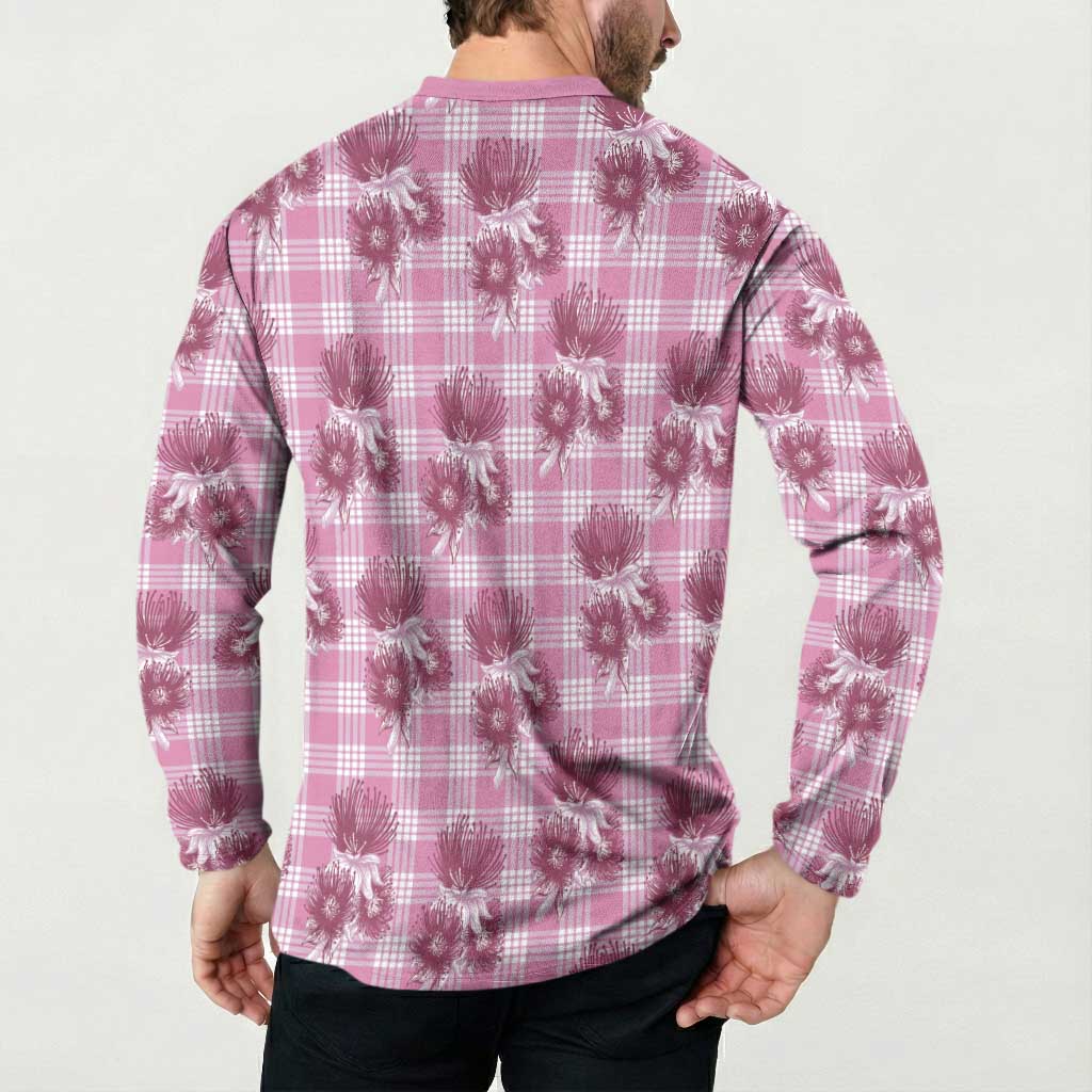 Pink Palaka Hawaii Button Sweatshirt Hawaiian Lehua Blossoms