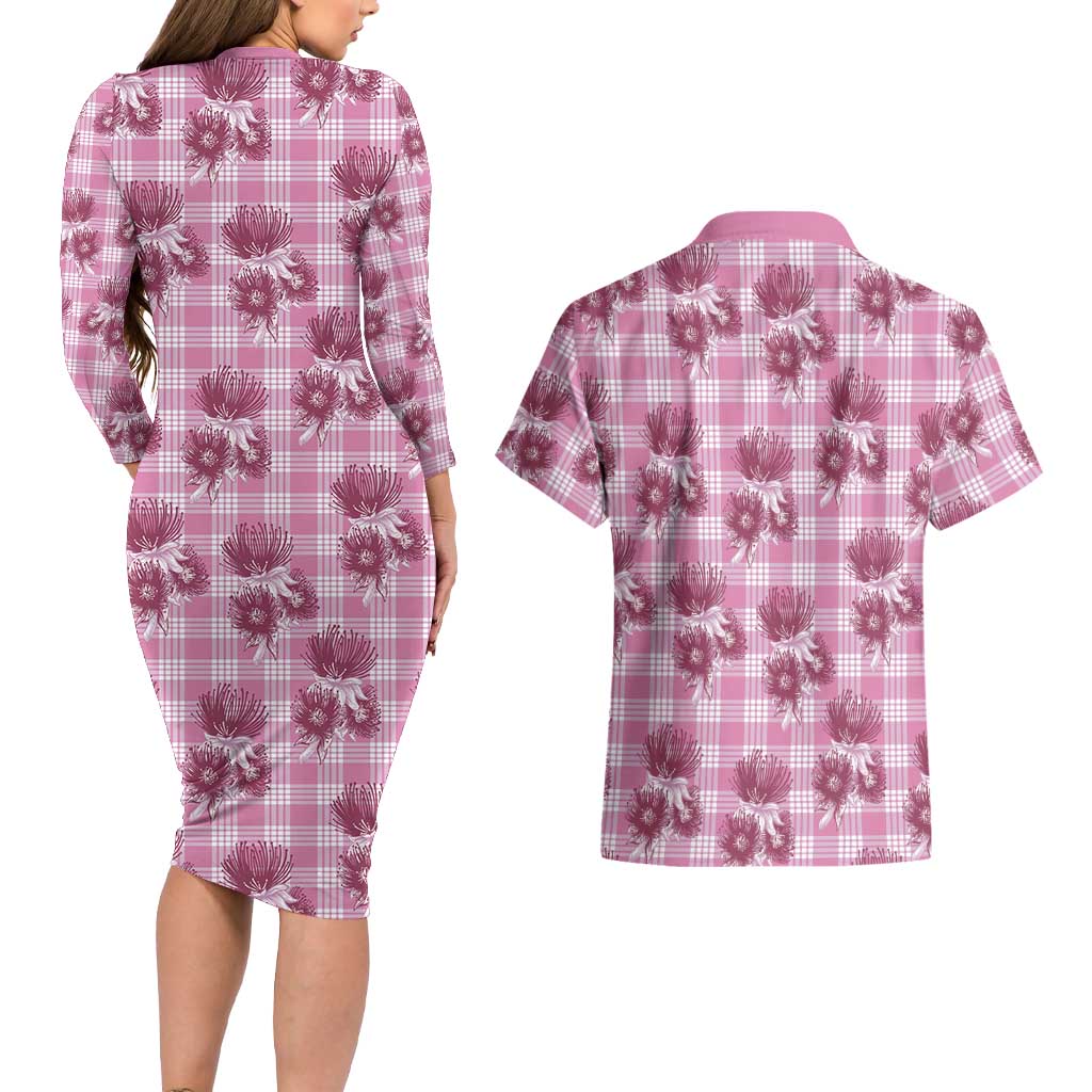 Pink Palaka Hawaii Couples Matching Long Sleeve Bodycon Dress and Hawaiian Shirt Hawaiian Lehua Blossoms