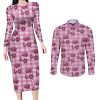 Pink Palaka Hawaii Couples Matching Long Sleeve Bodycon Dress and Long Sleeve Button Shirt Hawaiian Lehua Blossoms LT05 Pink - Polynesian Pride