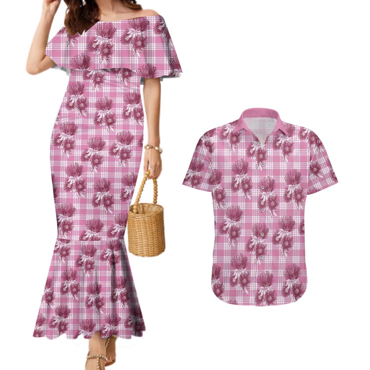 Pink Palaka Hawaii Couples Matching Mermaid Dress and Hawaiian Shirt Hawaiian Lehua Blossoms LT05 Pink - Polynesian Pride