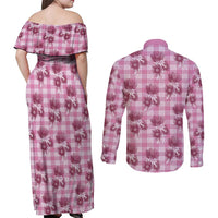 Pink Palaka Hawaii Couples Matching Off Shoulder Maxi Dress and Long Sleeve Button Shirt Hawaiian Lehua Blossoms LT05 - Polynesian Pride