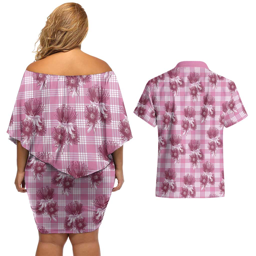 Pink Palaka Hawaii Couples Matching Off Shoulder Short Dress and Hawaiian Shirt Hawaiian Lehua Blossoms LT05 - Polynesian Pride