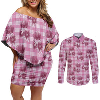 Pink Palaka Hawaii Couples Matching Off Shoulder Short Dress and Long Sleeve Button Shirt Hawaiian Lehua Blossoms LT05 Pink - Polynesian Pride