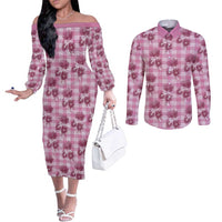 Pink Palaka Hawaii Couples Matching Off The Shoulder Long Sleeve Dress and Long Sleeve Button Shirt Hawaiian Lehua Blossoms LT05 Pink - Polynesian Pride