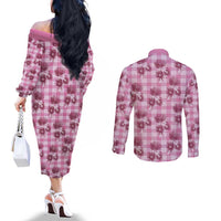 Pink Palaka Hawaii Couples Matching Off The Shoulder Long Sleeve Dress and Long Sleeve Button Shirt Hawaiian Lehua Blossoms LT05 - Polynesian Pride