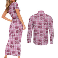 Pink Palaka Hawaii Couples Matching Short Sleeve Bodycon Dress and Long Sleeve Button Shirt Hawaiian Lehua Blossoms LT05 - Polynesian Pride