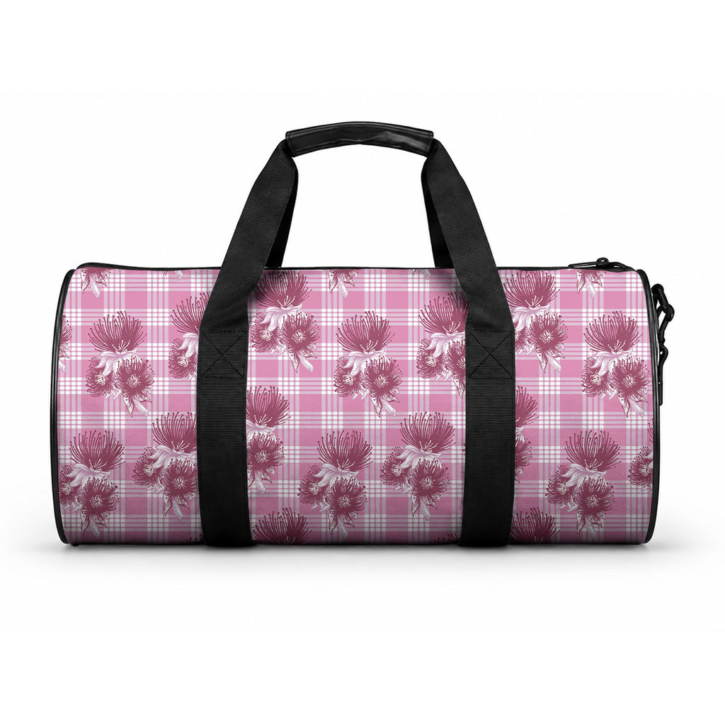 Pink Palaka Hawaii Duffle Bag Hawaiian Lehua Blossoms