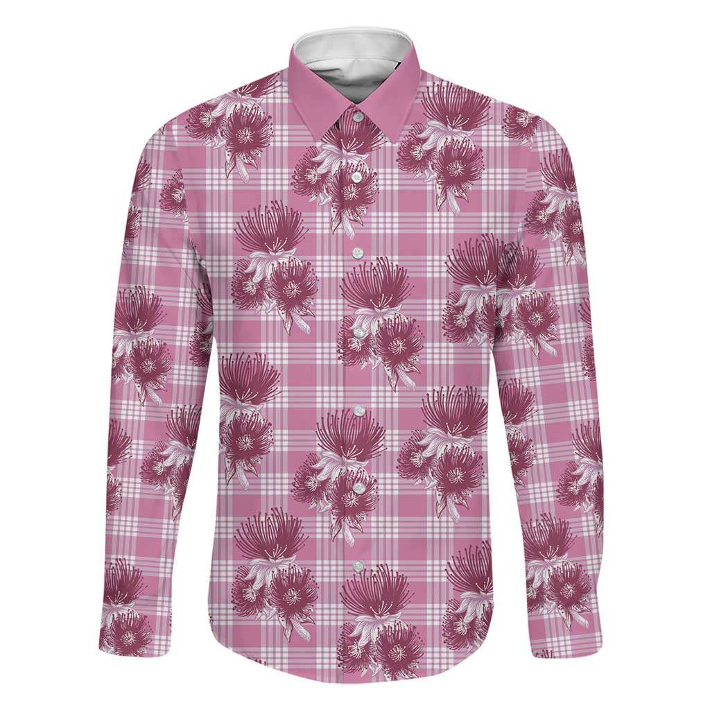 Pink Palaka Hawaii Family Matching Off The Shoulder Long Sleeve Dress and Hawaiian Shirt Hawaiian Lehua Blossoms LT05 Dad's Shirt - Long Sleeve Pink - Polynesian Pride