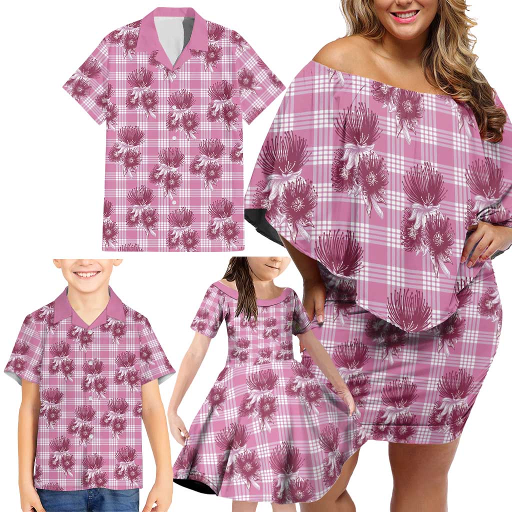 Pink Palaka Hawaii Family Matching Off Shoulder Short Dress and Hawaiian Shirt Hawaiian Lehua Blossoms