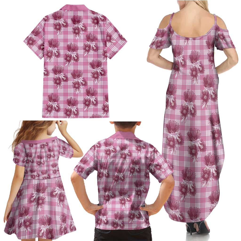 Pink Palaka Hawaii Family Matching Summer Maxi Dress and Hawaiian Shirt Hawaiian Lehua Blossoms