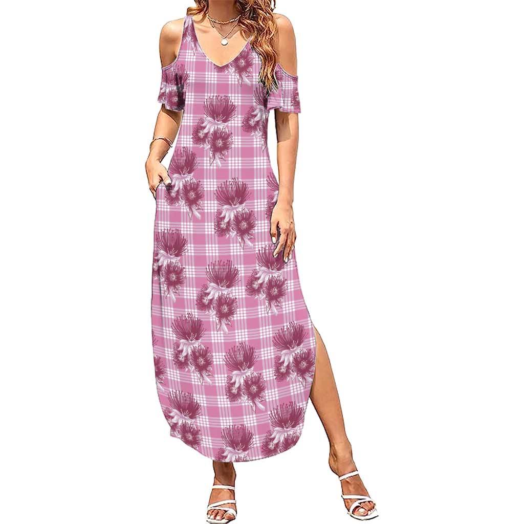 Pink Palaka Hawaii Family Matching Summer Maxi Dress and Hawaiian Shirt Hawaiian Lehua Blossoms