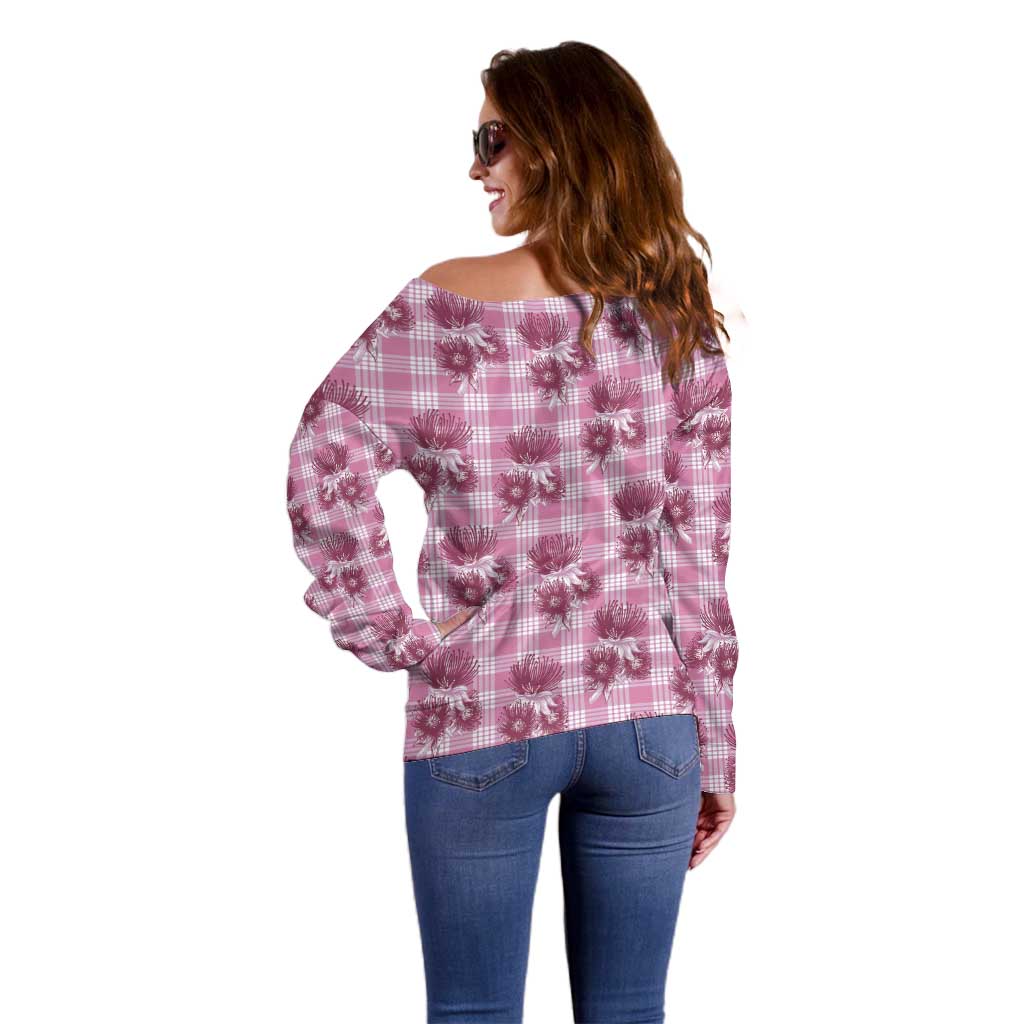 Pink Palaka Hawaii Off Shoulder Sweater Hawaiian Lehua Blossoms