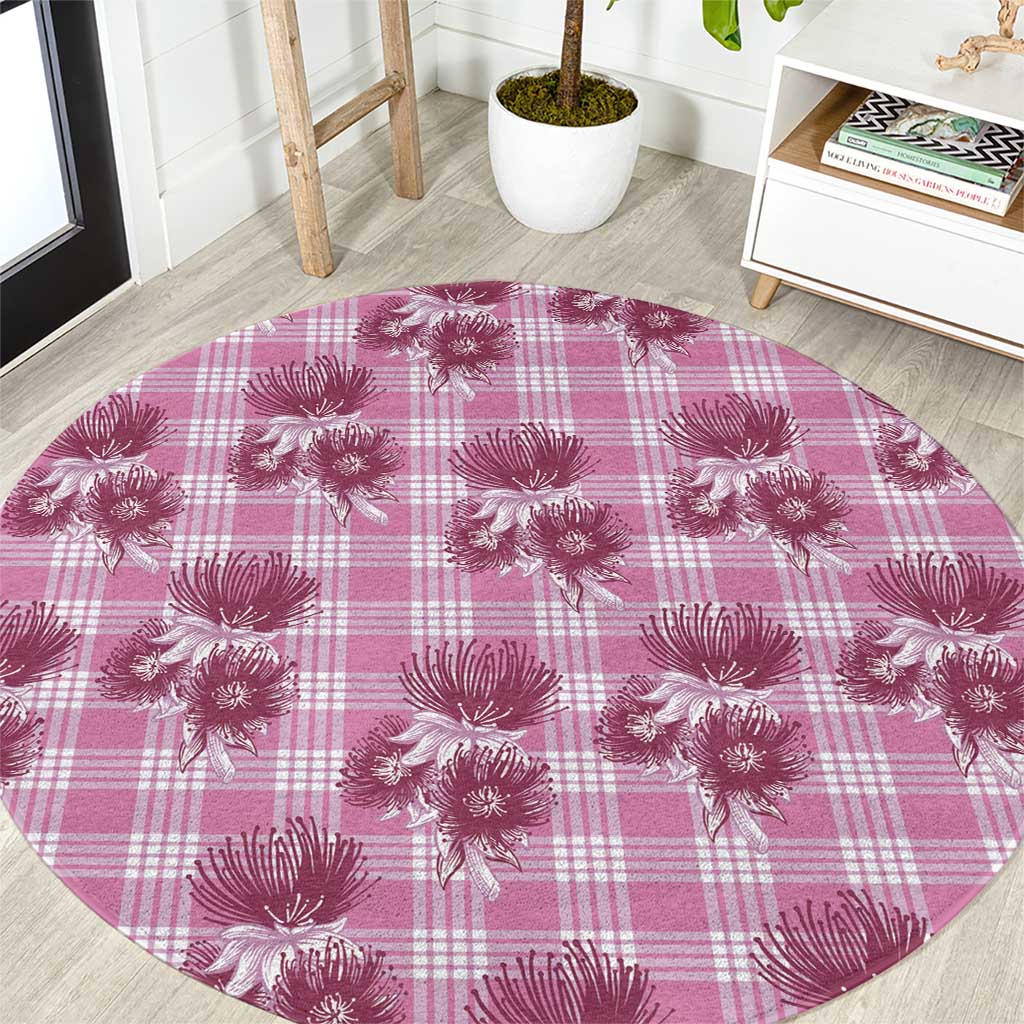 Pink Palaka Hawaii Round Carpet Hawaiian Lehua Blossoms