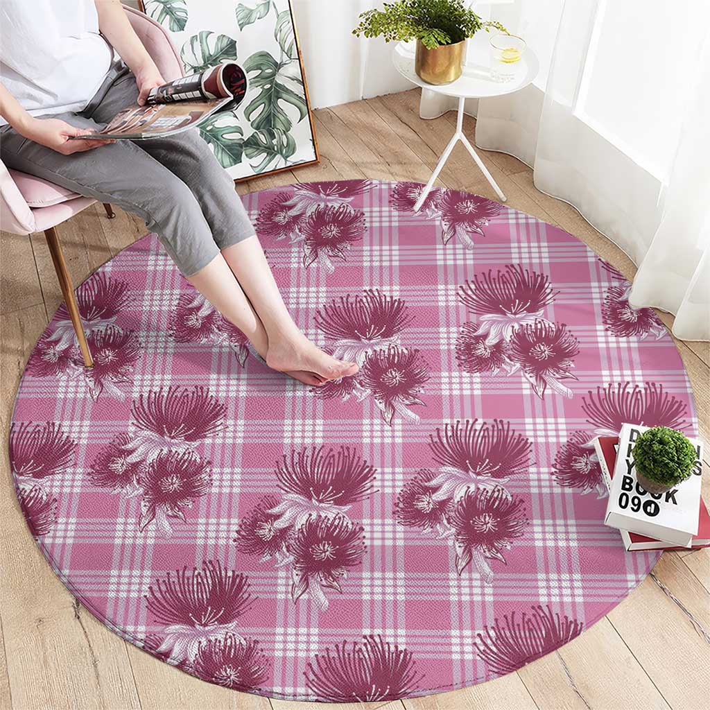 Pink Palaka Hawaii Round Carpet Hawaiian Lehua Blossoms