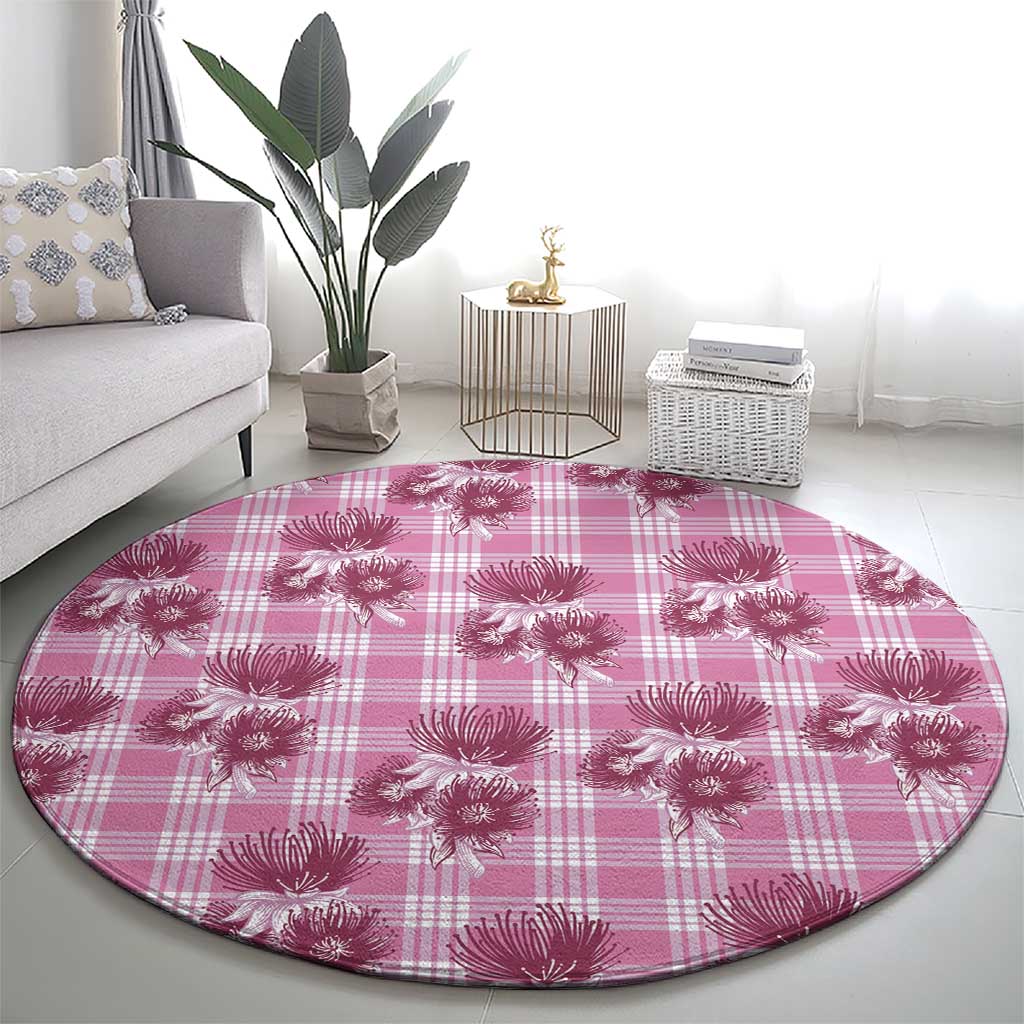 Pink Palaka Hawaii Round Carpet Hawaiian Lehua Blossoms