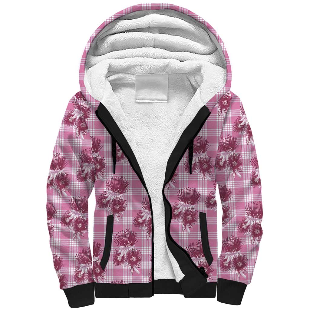 Pink Palaka Hawaii Sherpa Hoodie Hawaiian Lehua Blossoms