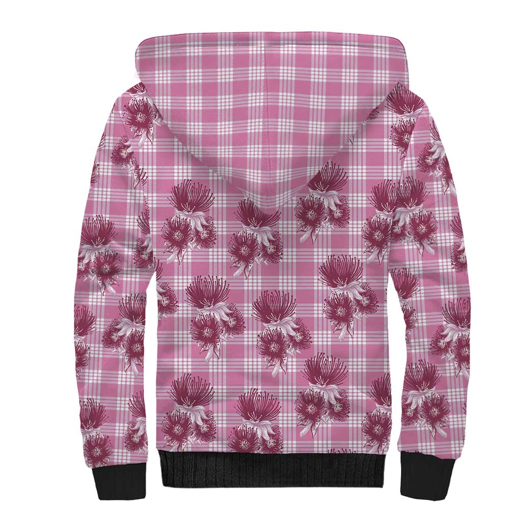 Pink Palaka Hawaii Sherpa Hoodie Hawaiian Lehua Blossoms