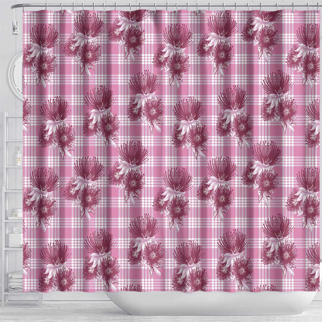 Pink Palaka Hawaii Shower Curtain Hawaiian Lehua Blossoms