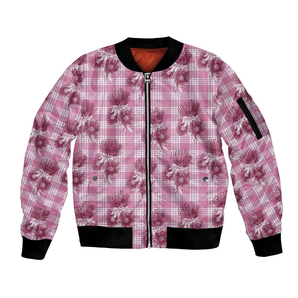 Pink Palaka Hawaii Sleeve Zip Bomber Jacket Hawaiian Lehua Blossoms LT05 Unisex Pink - Polynesian Pride