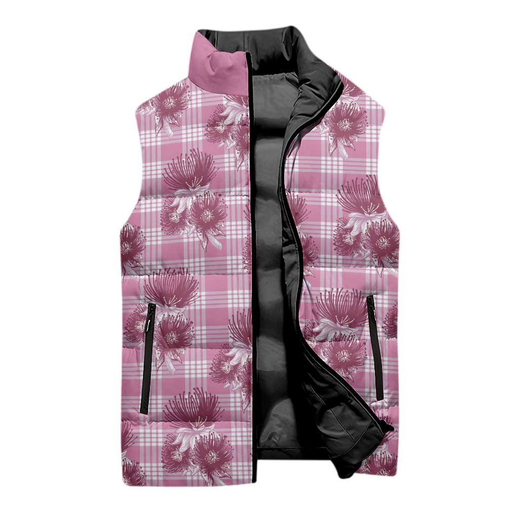 Pink Palaka Hawaii Sleeveless Puffer Jacket Hawaiian Lehua Blossoms