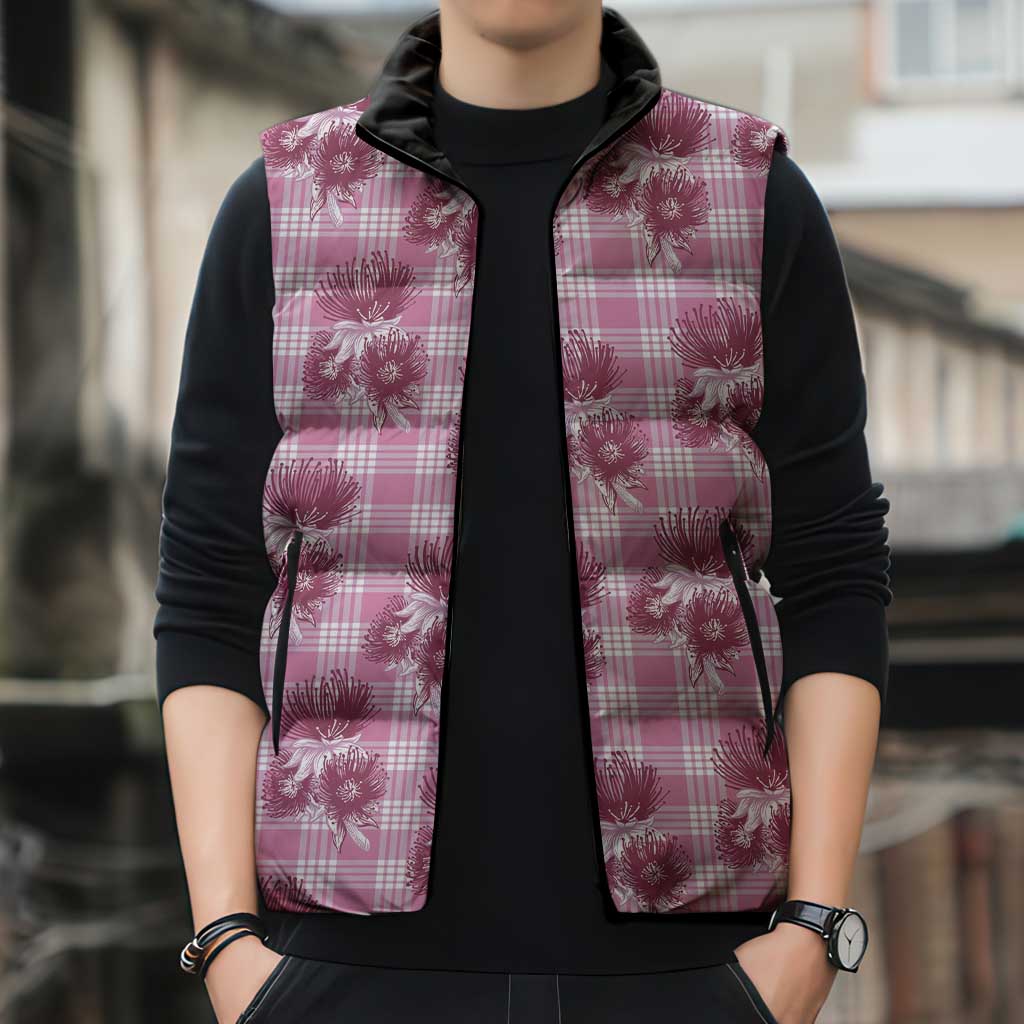 Pink Palaka Hawaii Sleeveless Puffer Jacket Hawaiian Lehua Blossoms
