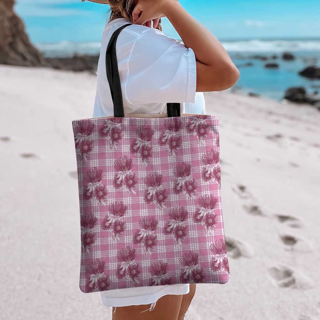 Pink Palaka Hawaii Tote Bag Hawaiian Lehua Blossoms