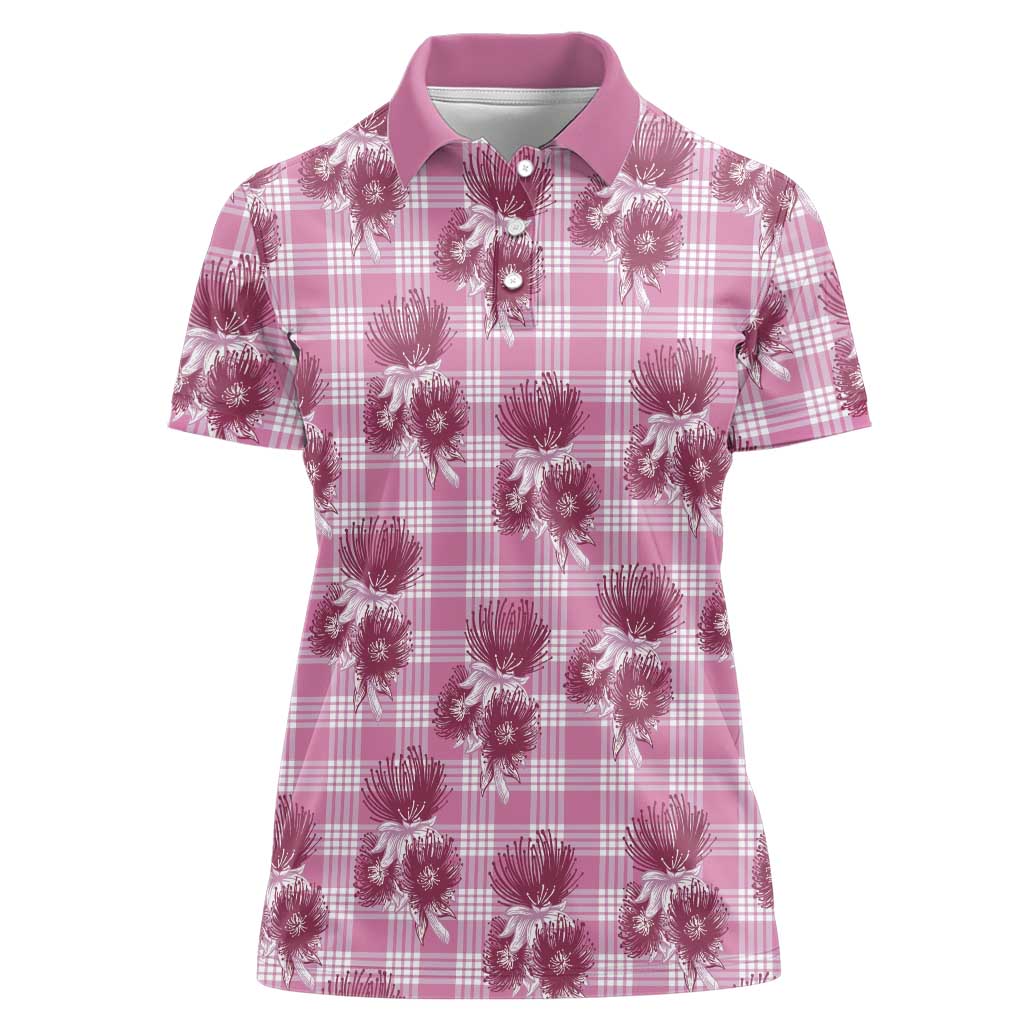 Pink Palaka Hawaii Women Polo Shirt Hawaiian Lehua Blossoms