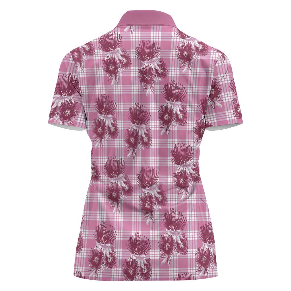 Pink Palaka Hawaii Women Polo Shirt Hawaiian Lehua Blossoms LT05 - Polynesian Pride