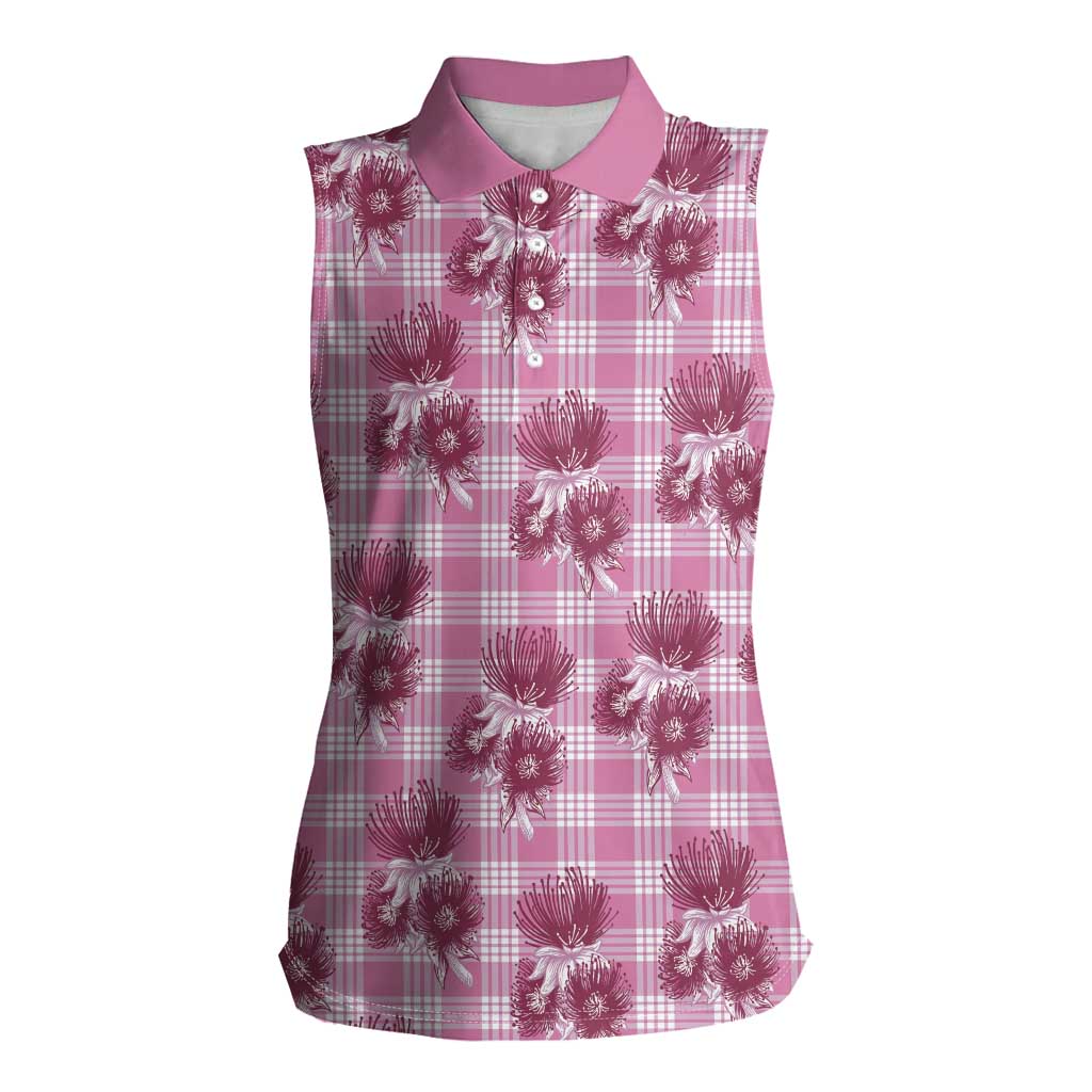 Pink Palaka Hawaii Women Sleeveless Polo Shirt Hawaiian Lehua Blossoms