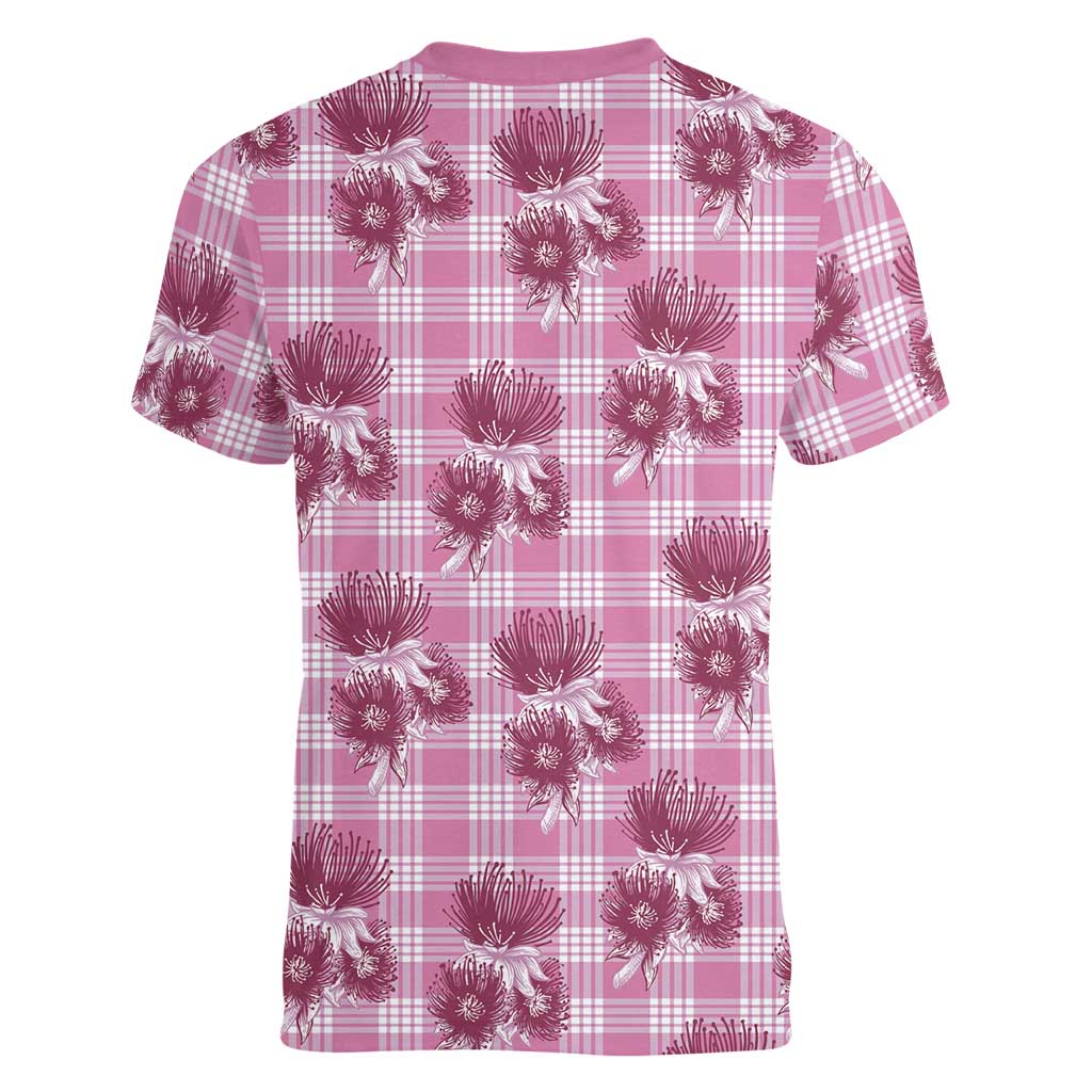 Pink Palaka Hawaii Women V-Neck T-Shirt Hawaiian Lehua Blossoms LT05 - Polynesian Pride