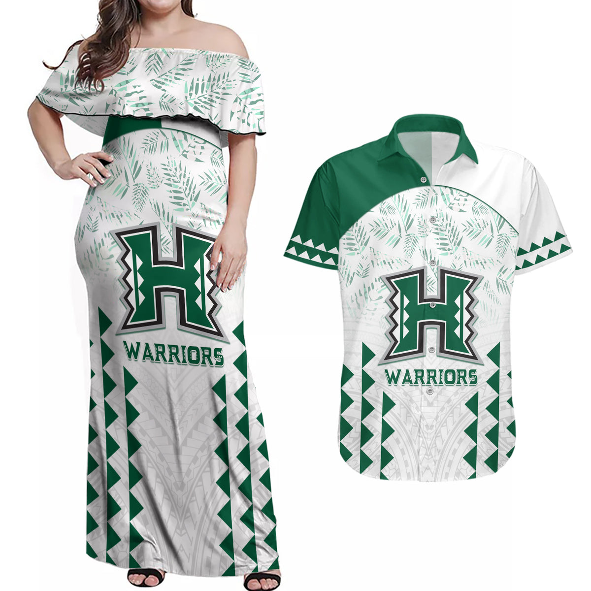Custom Hawaii Football Couples Matching Off Shoulder Maxi Dress and Hawaiian Shirt Rainbow Warriors Kakau Pattern LT05 White - Polynesian Pride