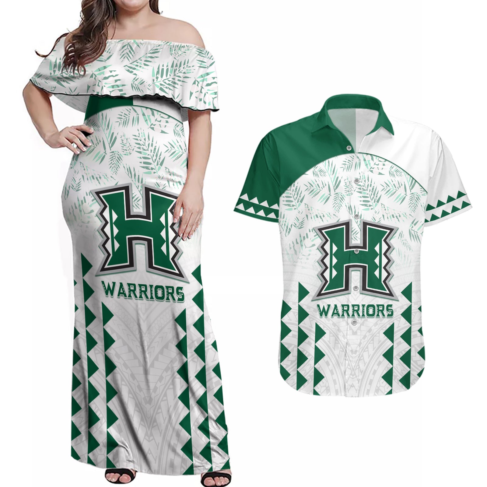 Custom Hawaii Football Couples Matching Off Shoulder Maxi Dress and Hawaiian Shirt Rainbow Warriors Kakau Pattern LT05 White - Polynesian Pride