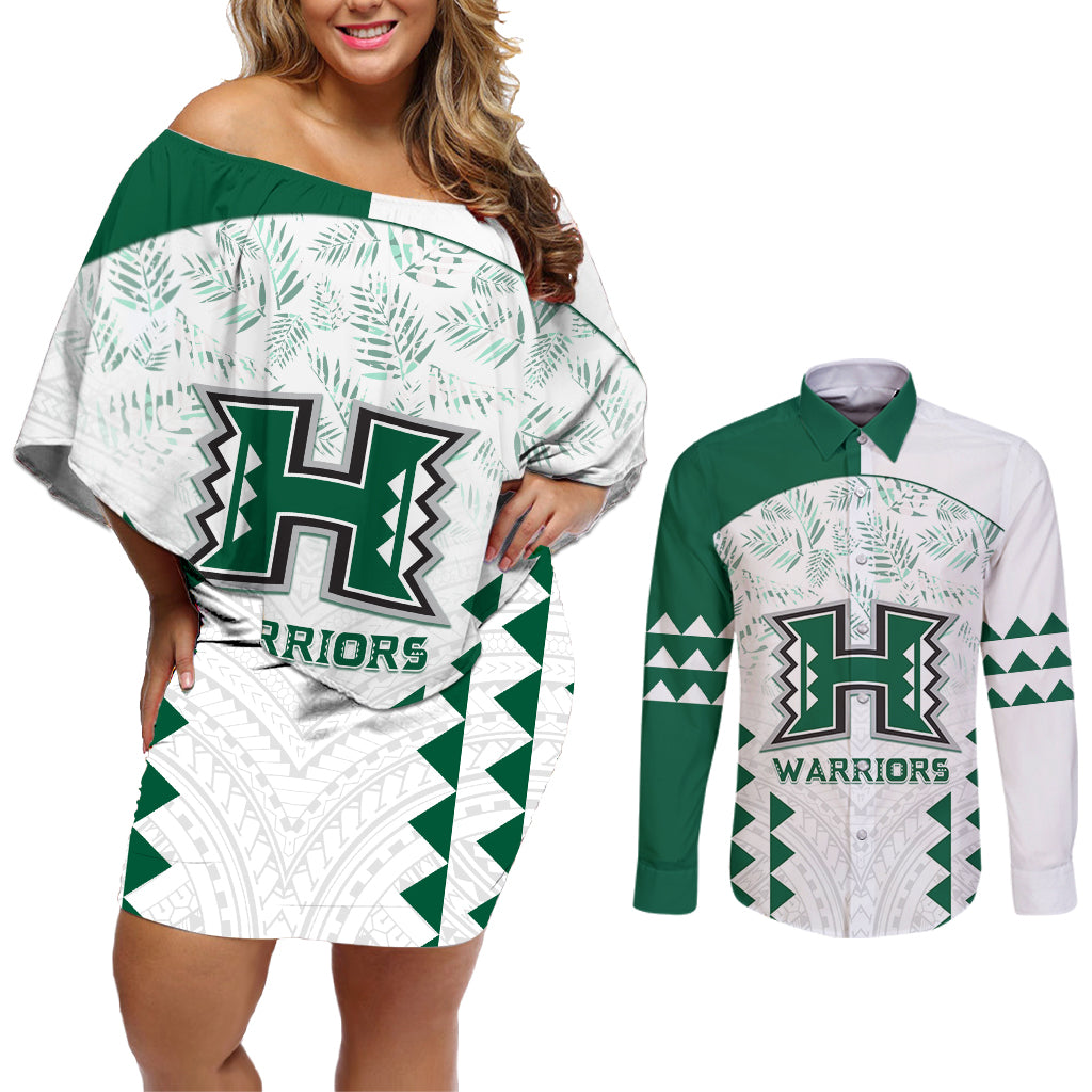 Custom Hawaii Football Couples Matching Off Shoulder Short Dress and Long Sleeve Button Shirt Rainbow Warriors Kakau Pattern LT05 White - Polynesian Pride